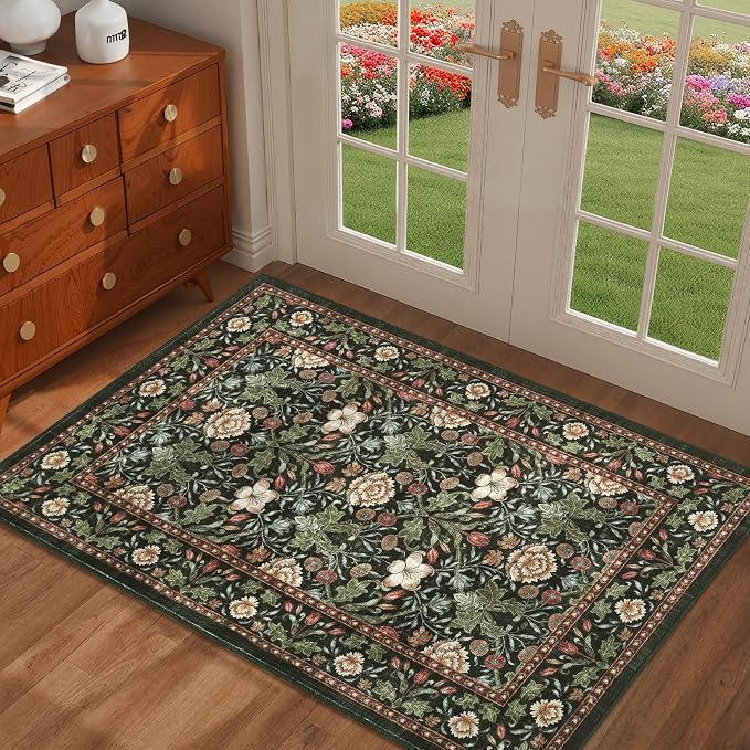 GarveeHome Small Forest Green Entryway Rug, 2x3 Washable Front Door Rug Indoor Entrance Floral Carpet Non-Slip Low Pile Throw Rugs for Kitchen Floor, Powder Room, Entry, Bathroom, Kids Room
