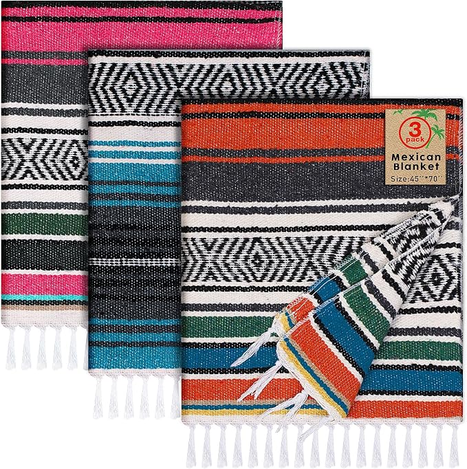 Oudain 3 Pack Mexican Blankets 45 x 70 Inch Woven Serape Throw Blanket, Baja Yoga Blanket for Beach Picnic Camping Boho Couch Decor Travel Outdoor (Exquisite Color)