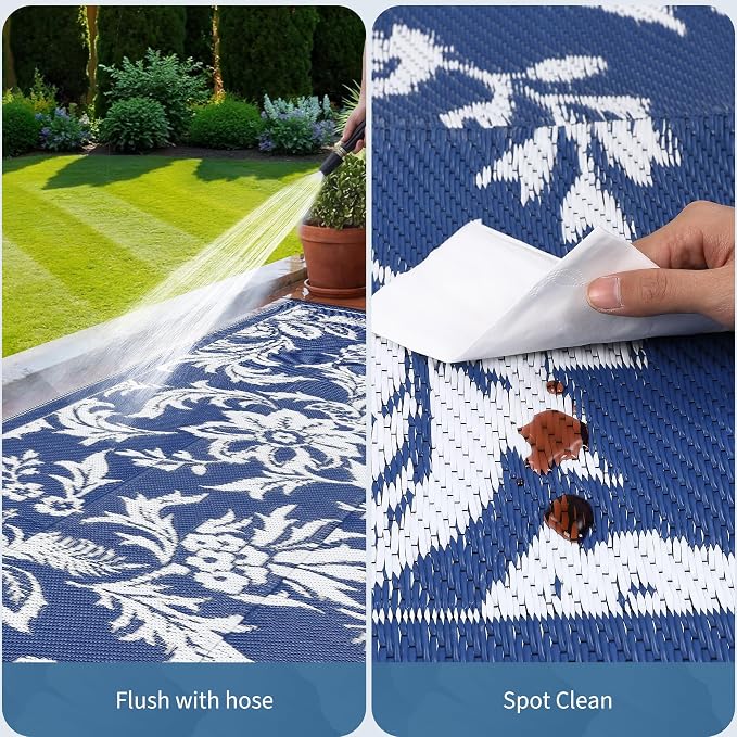 IDEALHOUSE Waterproof Outdoor Rug 9x12 for Patio, Foldable Reversible Area Rug, Large Plastic Straw Mat for Camping, RV, Porch, Backyard, Picnic, Beach, Blue & White