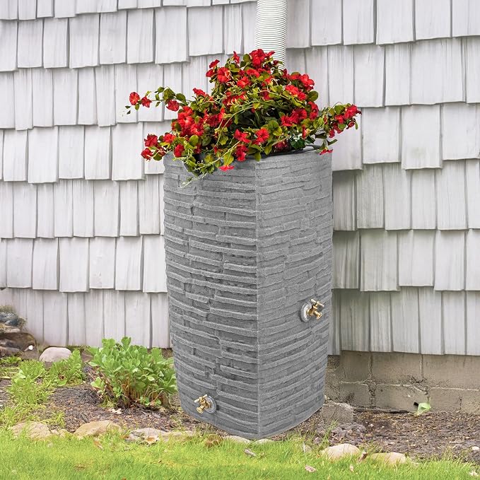 Good Ideas Impressions Riverwalk Rain Water Collection Barrel, Dark Granite, 50 Gallon - Faux Slate Rock Rainwater Catcher, Plastic Storage Drum with Dual Robust Metal Spigots & Fine Mesh Screen