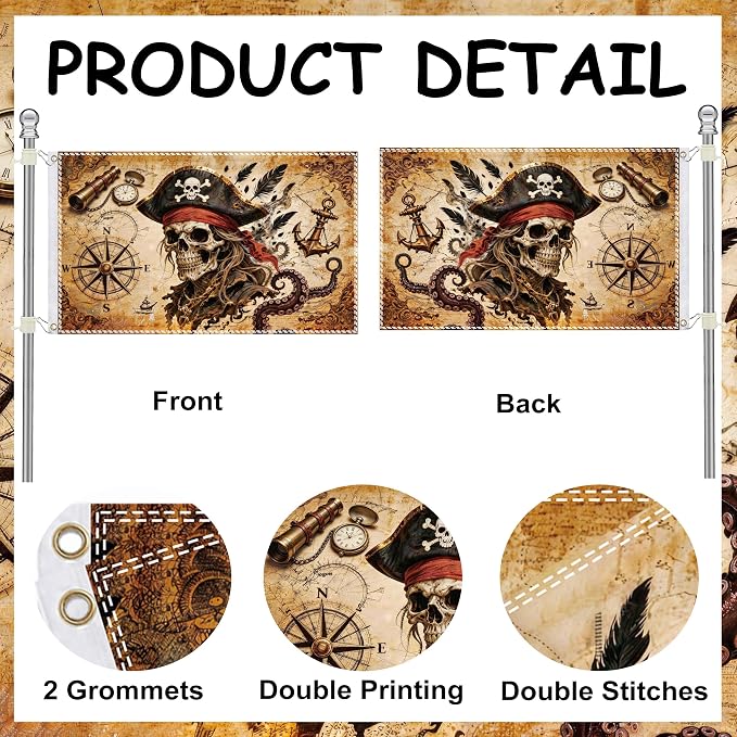 3x5ft Pirate Flag, Vintage Skull Pirate Flags for Outside, Double-Sided Printed Pirate Ship Decor Flag with 2 Grommets for Outdoor Yard, Party and Pirate Themed Decorations