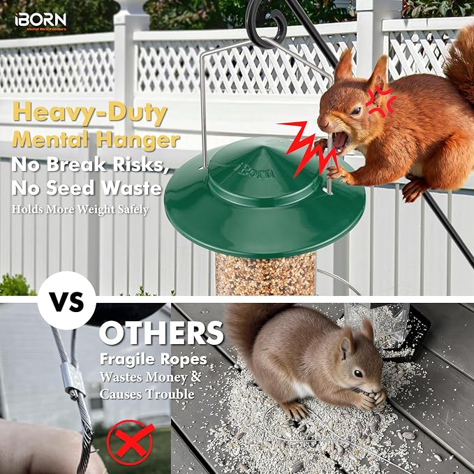 iBorn Bird Feeder Metal Squirrel Chew-Proof Bird Feeders for Outdoors Hanging for Cardinal Outside, Holds 1.32LB Seed with 3 Perchs, Green (Seed is not Included)