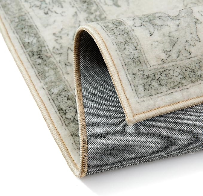 Green 2x8 Washable Runner Rug Kitchen Vintage Oriental Carpet | Soft Low Pile, Non Slip, Stain Resistant, Floral Medallion, Neutral Retro Decor for Entryway, Bathroom, Hallway, Bedroom
