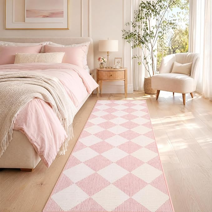 GarveeHome Checkered Long Hallway Runner Rug 2.5x10 Pink Kitchen Rug | Non Slip Soft Diamond Print Entryway Rug Thin Laundry Mat Stain Resistant Carpet for Bedroom Bathroom Beside