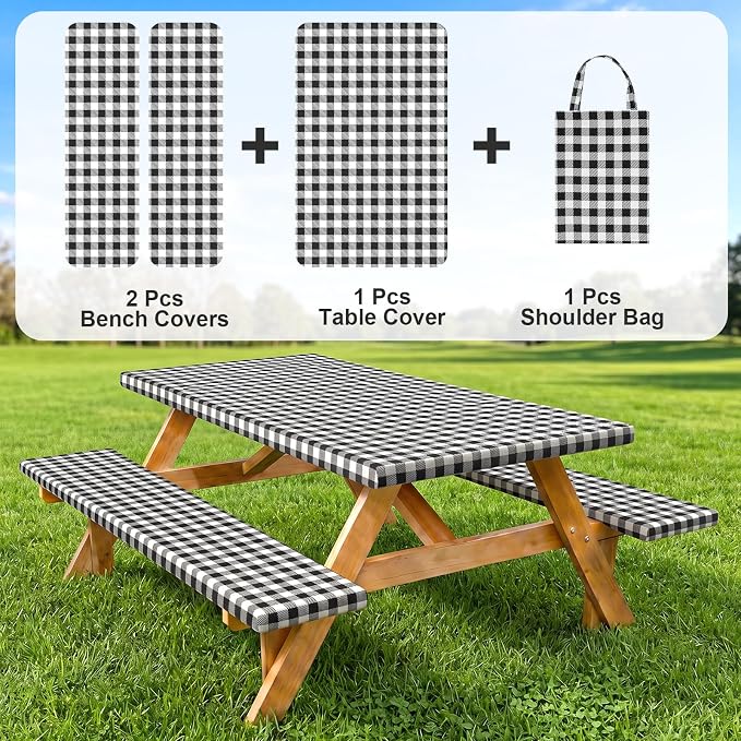 Dntorx Picnic Table Cover with Bench Covers and Bag 72in, Black | Waterproof, Windproof, Elastic Edges Fitted Rectangle, Camping Tablecloth, RV Gear Campers Must Have