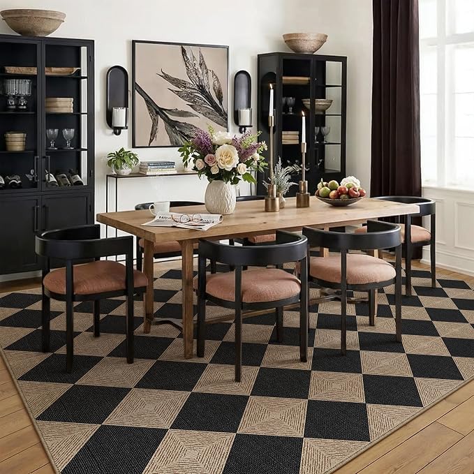 PureCozy 5x7 Checkered Easy Jute Area Rug for Living Room Checkerboard Washable Indoor Outdoor Carpet Farmhouse Patio Office Mat Textured Diamond Non Slip Black Carpet for Backyard Dining Room