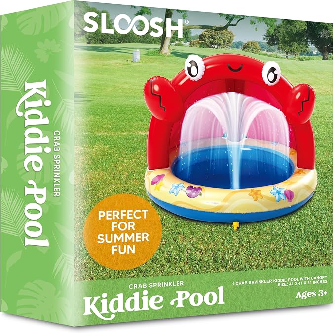Sloosh Baby Pool Toddler Sprinkler, Crab Splash Pool with Canopy, Baby Wading Pool Inflatable Sprinkler for Learning, Children’s Water Pool Toys, Inflatable Kiddie Pool for Outdoor Summer Water