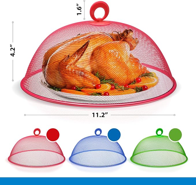 Metal Mesh Screen Food Cover Tent Umbrella, 10.75 inch, Reusable Outdoor Picnic Food Covers Mesh, Food Cover Net Keep Out Flies, Bugs, Mosquitoes (3 Pack, Green Blue Red)