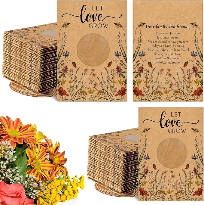 Fumete 100 Pcs Let Love Grow Seed Packets Cool Wedding Favors for Guests Kraft Envelope Kraft Bag with Window Flower Resealable Seed Storage Packets for Wedding Party Favors Bridal Shower