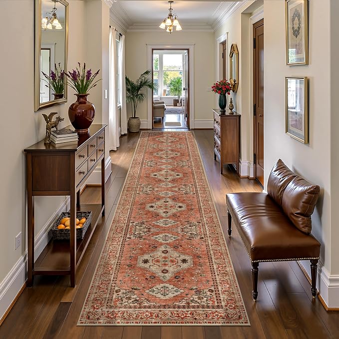 Tangsoo Boho Hallway Runner Rug 2.6x12, Washable Runner Rugs Non Slip | Vintage Soft Low Pile 12ft Long Rug Runners, Oriental Terracotta Indoor Carpet Runner for Hallway Kitchen Bedroom Living Room