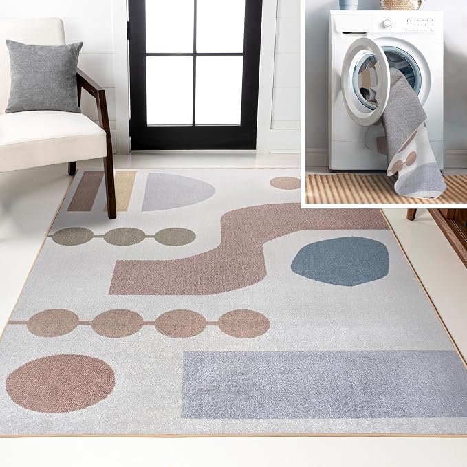 JONATHAN Y Machine Washable Cream/Multi Indoor Area Rug 5X8 ft, Riley Abstract Coastal Contemporary for Living Room, Bedroom, Kitchen, Office, Easy-Cleaning, Pet-Friendly, Non-Shedding WSH308A-5