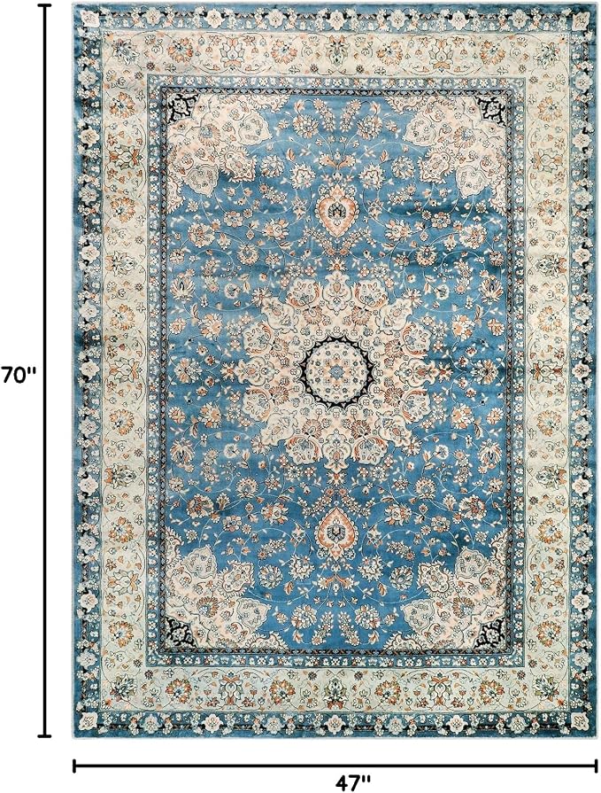 Lahome Felice Oriental Floral Medallion Area Rug - 4x6 Blue Bedroom Rug Living Room Mat, Distressed Soft Non Slip Washable Indoor Nursery Throw Carpet for Apartment Dining Kitchen Table Entrance