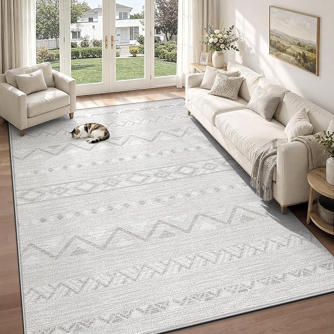 Zomfy Washable Rug 6x9 Area Rugs for Living Room(Grey, 6'x9') | Geometric Boho Modern Rugs Neutral Non Slip Soft Carpet Low Pile No Shedding Print Rug for Bedroom Dining Room Home Office