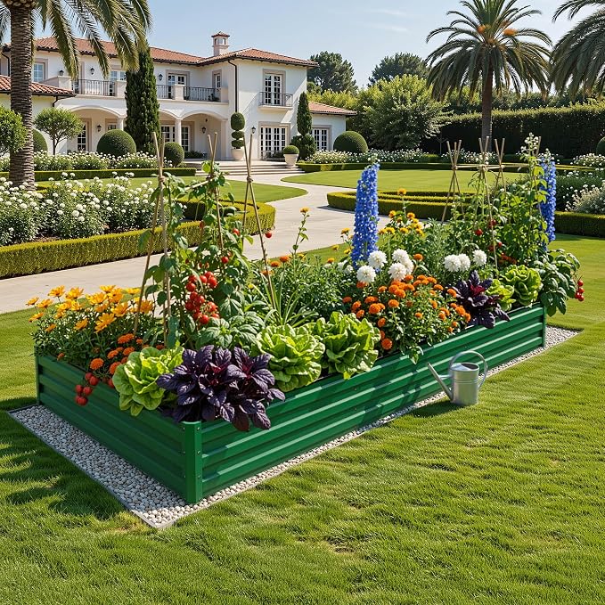YITAHOME 2pcs 8x4x1ft Galvanized Raised Garden Bed, Metal Planter Box with Safety Rubber, Gloves, Outdoor Flower Bed for Planting Plants Vegetables, Green