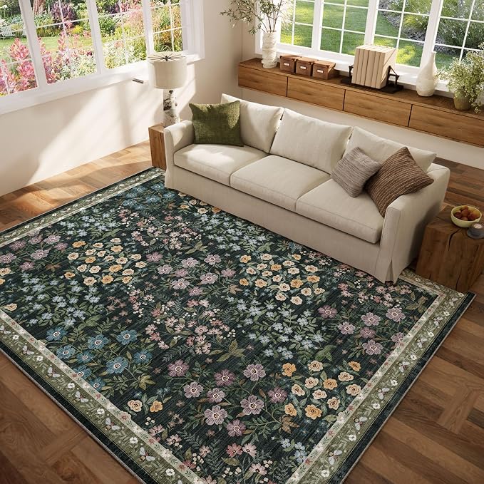Machine Washable Living Room Rug: 6x9 Area Rugs for Bedroom Vintage Stain Resistant Non Slip Low Pile Lightweight Soft Carpet for Kitchen Dining Room Farmhouse Kids Room Nursery Indoor