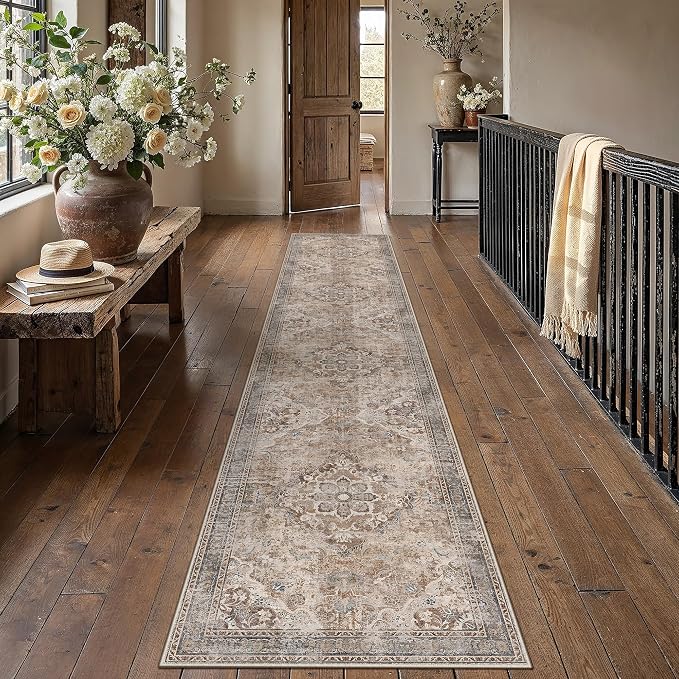 Brown Runner Rug 2x12 Hallway Vintage Floral Non-Slip Carpet | Machine Washable, Soft, Low Pile, Distressed, for Entryway, Kitchen, Laundry Room, Bathroom, Retro Farmhouse Decor