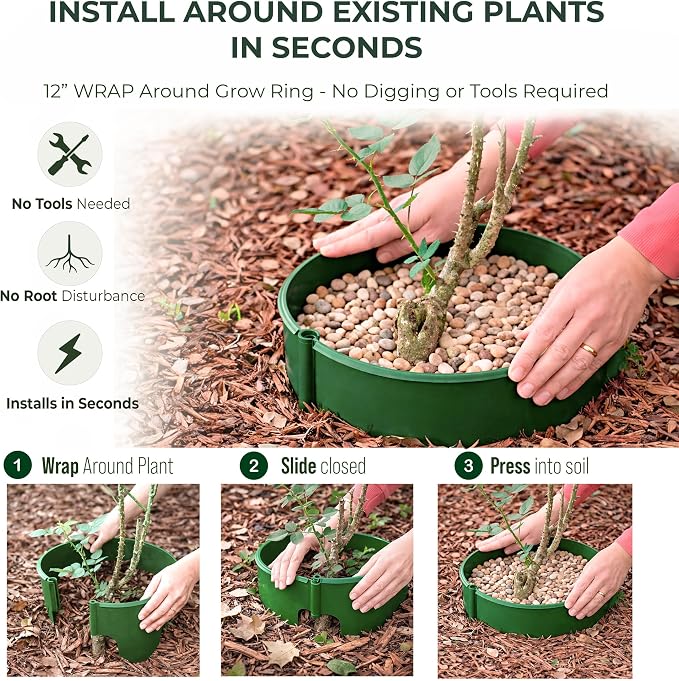 12 Inch Wrap-Around Adjustable Planting Grow Rings | 12 Pack | Green | Install Around Existing Plants | Square Foot Gardening | Trimmer Protection and Mulch Barrier | Heavy Duty | Made in USA