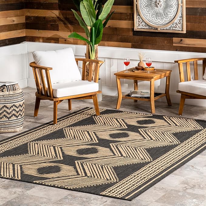 Nuloom Ranya Dark Grey/Ivory, 6'7" x 9', Tribal Geometric, Soft and Cozy, High Traffic, Stain Resistant, Easy Clean, Durable Area Rug for Indoor/Outdoor Patio, Deck, Porch, Garden, Courtyard