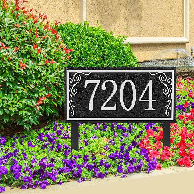 Lawn Address Sign Plaque - Personalized House Number Plaque Sign,Address Numbers for House Large Option Stakes Included (Black/Silver)