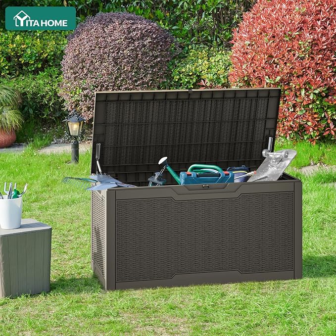 YITAHOME 100 Gallon Large Resin Deck Box Outdoor Storage Boxes for Patio Furniture, Outdoor Cushions, Garden Tools and Pool Supplies-Waterproof,Lockable (Taupe)