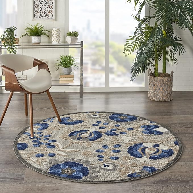 Nourison Home Aloha Natural Blue 4' x Round Area Rug - Easy Clean, Non Shedding, Bed Room, Living Room, Dining Room, Kitchen (4' x Round)