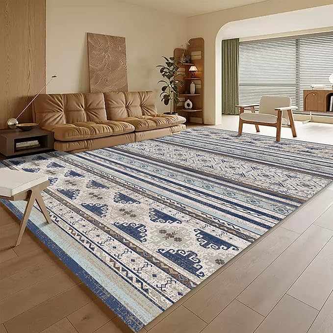 Washable Area Rugs 8' x 10' - 1/6 Thick - Moroccan-Inspired -Stain & Water Resistant Non-Slip - Resistant Rug for Living Room, Bedroom, Nursery, Pet & Child Friendly (Blue and Brown)