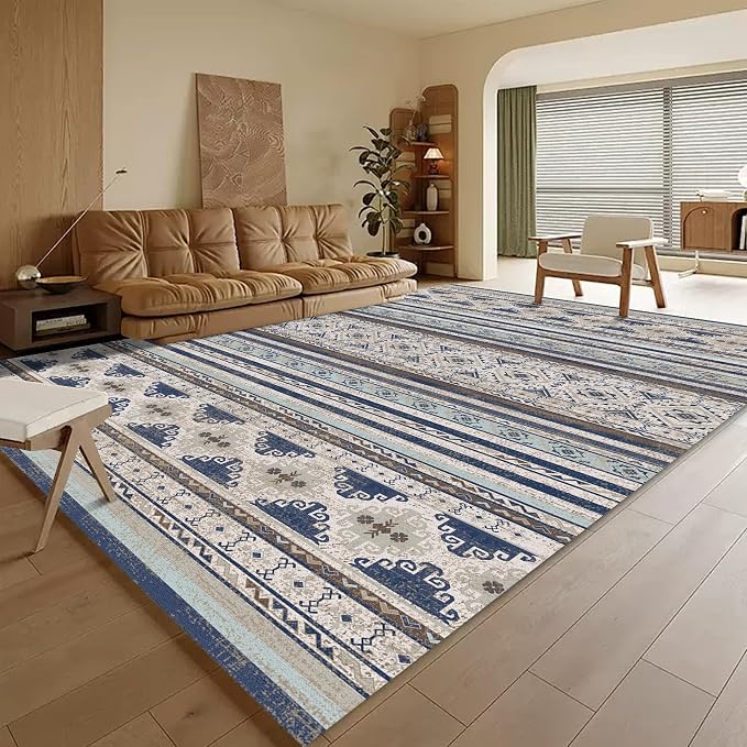 Washable Area Rugs 6' x 9' - 1/6 Thick - Moroccan-Inspired -Stain & Water Resistant Non-Slip - Resistant Rug for Living Room, Bedroom, Nursery, Pet & Child Friendly (Blue and Brown)