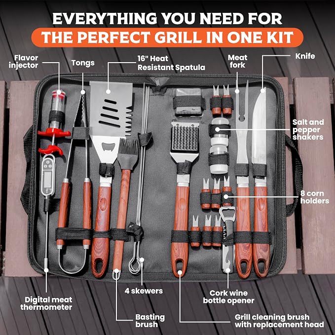 24PCS BBQ Grill Accessories Set, Premium Stainless Steel Grill Tools Kit with Portable Carry Bag, Heavy-Duty Barbecue Tool Set for Outdoor Grilling, Camping, Backyard BBQ, Smokers & Griddle.