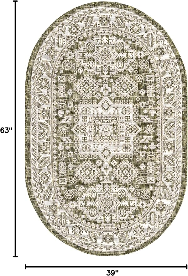 Unique Loom Outdoor Aztec Collection Area Rug - Chalca (3' 3" x 5' 3" Oval, Green/ Ivory)