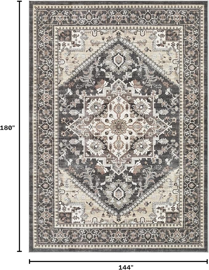 Washable Area Rug-12X15 Vintage Neutral Soft Black | Non Slip Thin Foldable Large Floor Carpet for Living Room Bedroom Kitchen Dining Room Home Office Farmhouse Indoor
