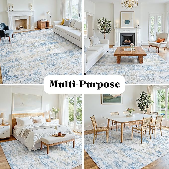 8x10 Area Rugs for Living Room: Washable Soft Blue White Abstract Carpet | Non-Slip TPE & Stain Resistant,0.25" Low-Pile,Kids Pet Friendly Modern Decor for Dining Room Farmhouse Office, Non-Shedding