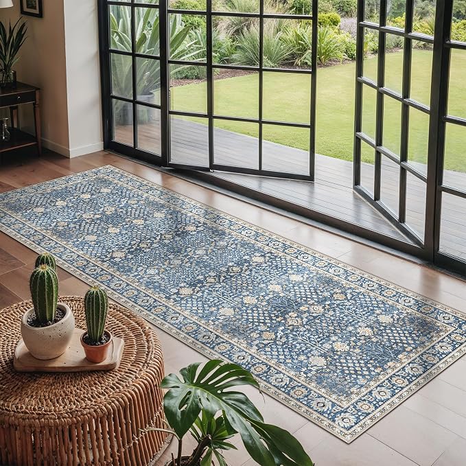 2x6 Kitchen Runner Rug, Washable Non Slip, Lake Blue | Vintage Floral Design, Spill Resistant Lightweight Low Pile Carpet for Hallway, Bedroom, Laundry Room, Bathroom