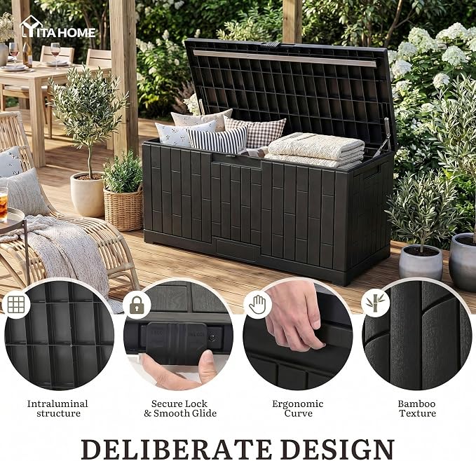 YITAHOME Large Outdoor Storage Box, 120 Gallon Waterproof Resin Deck Box with Slide-Locking Lid, Patio Storage Bin and Bench Seat for Garden Tools, Cushions & Pool Supplies, Easy Assembly, Black