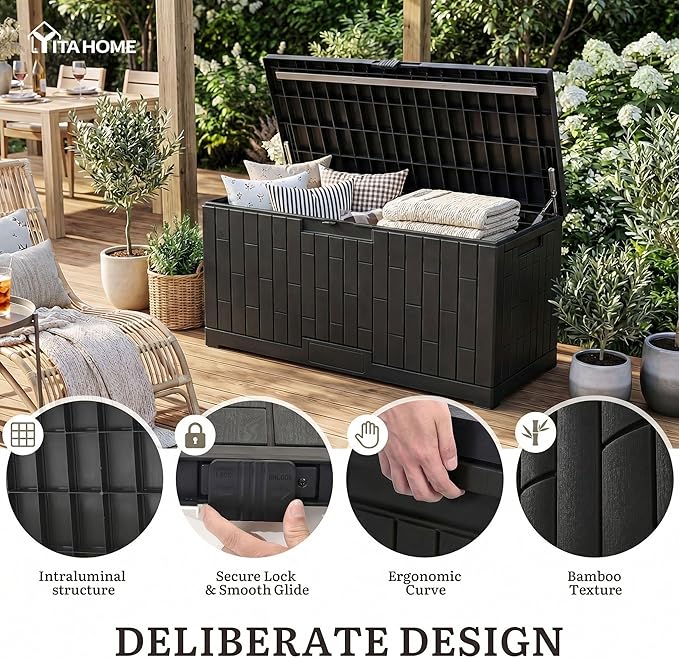 YITAHOME 120 Gallon Outdoor Storage Deck Box | Large Resin Patio Storage Box with Slide-Locking Lid, 53"L 2-Person Bench Seat for Outdoor Pillows, Garden Tools &