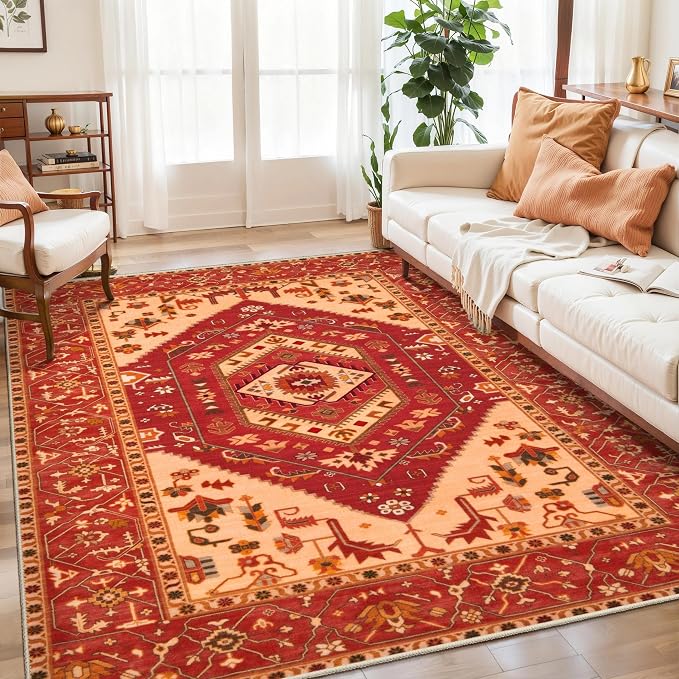 SERISSA 5x7 Washable Non Slip Boho Area Rug for Living Room，Red | Ultra Soft Vintage Oriental Carpet Low-Pile Distressed Tribal Throw Carpet for Bedroom Dining Room Dorm Office Home Decor