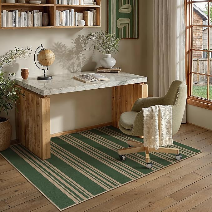 PureCozy Striped Easy Jute Rug 3x5 Green Entryway Carpet Washable Non Slip Office Door Mat Farmhouse Neutral Non Shedding Small Indoor Outdoor Rug for Bathroom Kitchen Bedroom Living Room