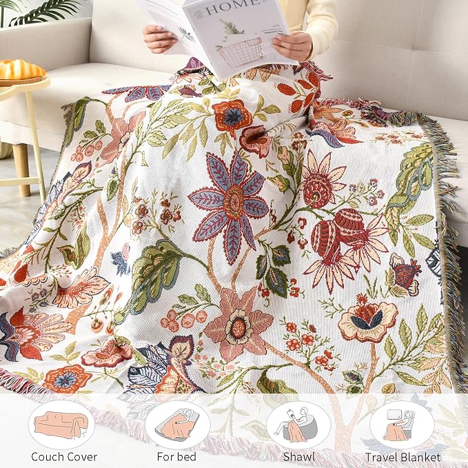Boho Throw Blanket Reversible Cotton Bohemian Tapestry Hippie Room Decor Double Sided (Boho Flower Dark 50"x60")