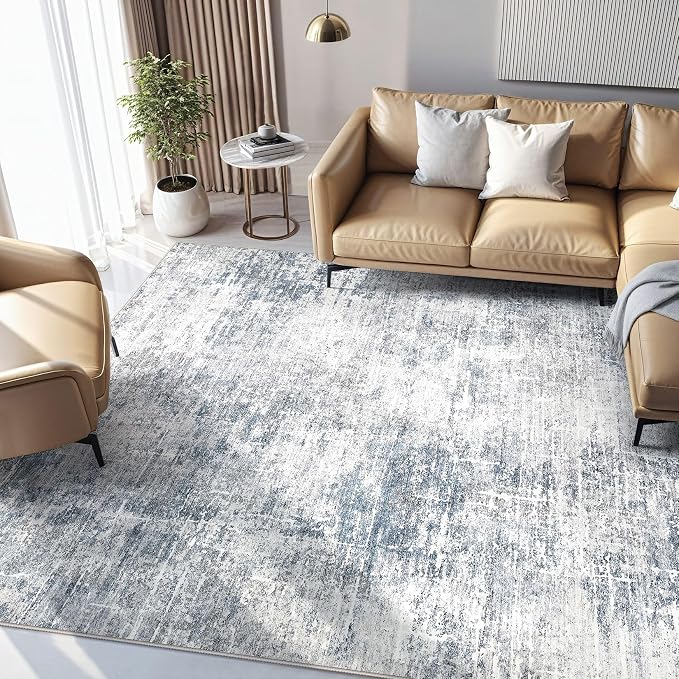 kakania Abstract 9x12 Area Rugs for Living Room: Washable Rugs Blue Grey | Soft, Non-Slip, Low-Pile, Pet & Kid Friendly - Large Modern Home Decor Carpet for Bedroom/Dining Room/Office/Nursery