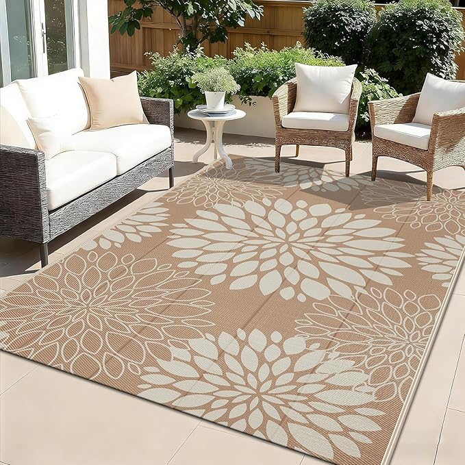 Ileading Waterproof Outdoor Rug 5x8, Reversible Plastic Straw Patio Rug, Portable Indoor Outdoor RV Camping Mat Carpet for Deck, Porch, Balcony, Backyard, Picnic, Floral Brown