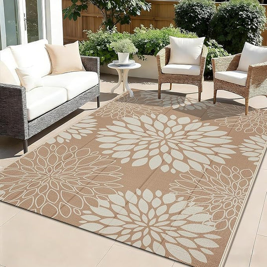 Ileading Waterproof Outdoor Rug 5x8, Reversible Plastic Straw Patio Rug, Portable Indoor Outdoor RV Camping Mat Carpet for Deck, Porch, Balcony, Backyard, Picnic, Floral Brown