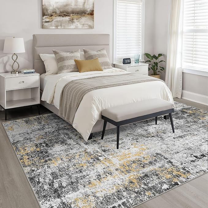LOONGRUG 7x9 Area Rug Washable Neutral Modern Living Room Rug Black Gold | Abstract Soft Stain Resistant Indoor Non-Slip Carpet for Bedroom Nursery Kids Office Playroom Dining Room