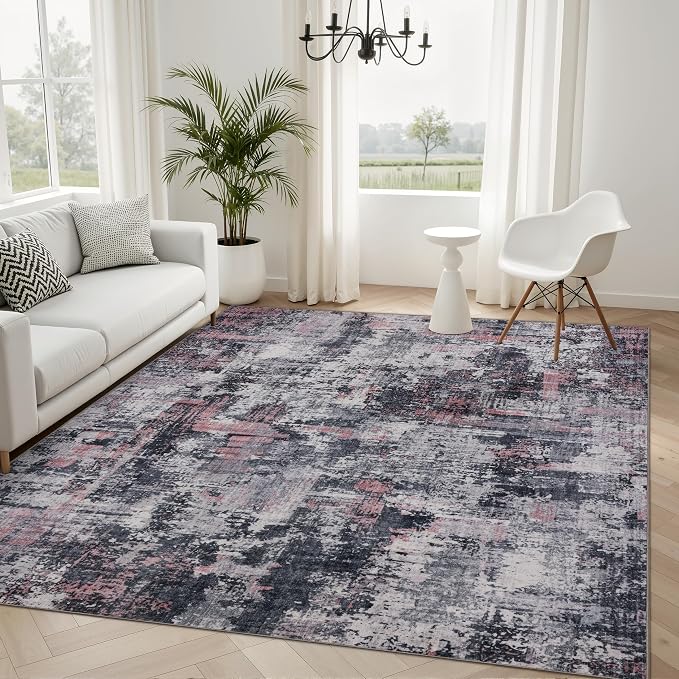Sasttie 6x9 Washable Area Rug, Modern Abstract Carpet, Black & Pink | Ultra-Soft Faux Wool, Low Pile, Non-Slip, Lightweight, Thin, for Living Room, Bedroom, Dinning Room & Dorm