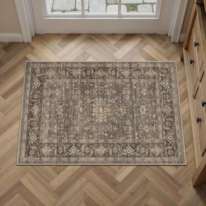 2x3 Dark Brown Vintage Area Rug | Washable, Non Slip, Soft Low Pile, Traditional Farmhouse, for Entryway Kitchen Bathroom Bedroom Indoor