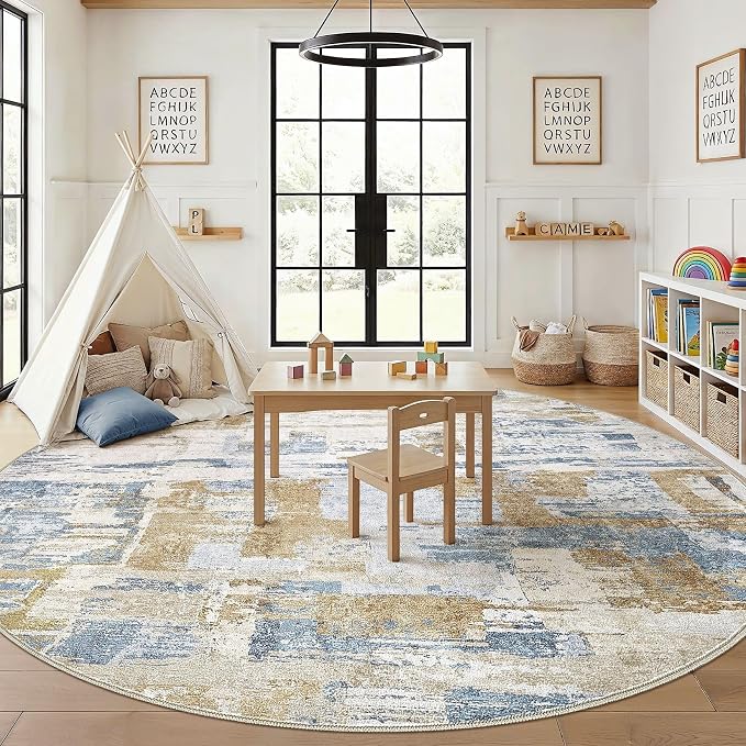 kakania Abstract 12x12 Round Rugs for Living Room: Circle Rugs 12FT Blue | Washable, Soft, Non-Slip, Low-Pile, Pet & Kid Friendly - Large Modern Home Decor Carpet for Bedroom/Dining Room/Nursery