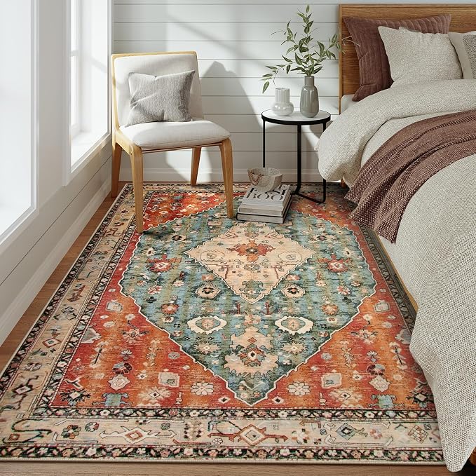 Lahome Felice Boho Tribal 5x7 Washable Living Room Bedroom Rug, Oriental Soft Dining Room Rugs for Under Table, Large Distressed Printed Carpet for Entryway Kitchen Playroom (Rust/Dull Teal,5x7ft)