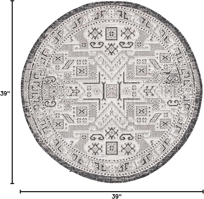Unique Loom Outdoor Aztec Collection Area Rug - Coba (3' 3" Round, Charcoal Gray/ Ivory)