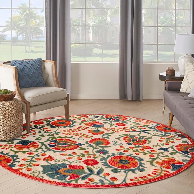 Nourison Home Aloha Red Multicolor 7'10" x Round Area Rug - Easy Clean, Non Shedding, Bed Room, Living Room, Dining Room, Kitchen (8' x Round)