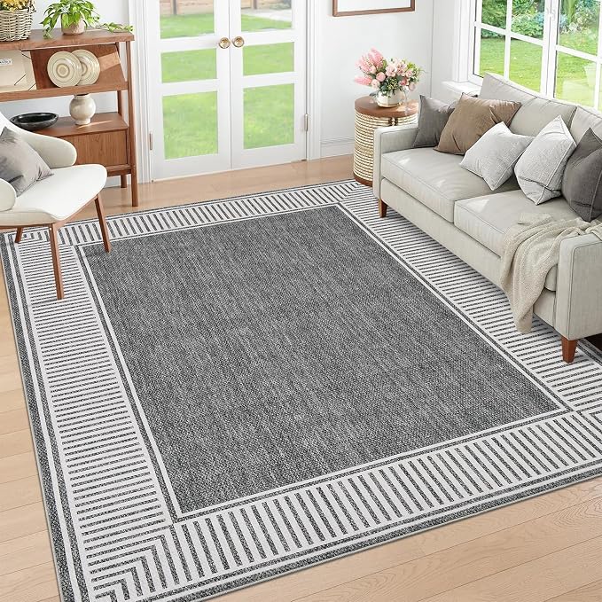 GarveeHome Washable Area Rug 10x13 Modern Bordered Large Living Room Rugs | Bedroom Throw Carpet with Rubber Backing Low Pile Stain Resistant Contemporary Rug for Dining Room Home Office, Grey