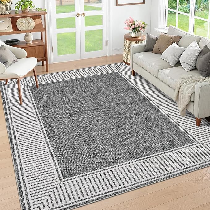 GarveeHome 9x12 Area Rug for Living Room Large Washable Bedroom Rug | Low Pile Stain Resistant Dining Room Area Rug with Rubber Backing Modern Bordered Throw Carpet for Home Decor Office, Grey
