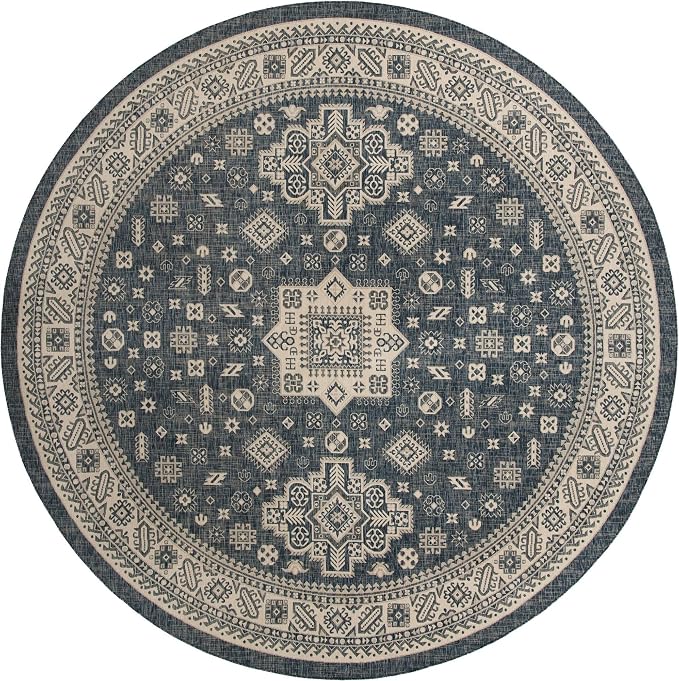 Unique Loom Outdoor Aztec Collection Area Rug - Chalca (13' Round, Blue/ Ivory)